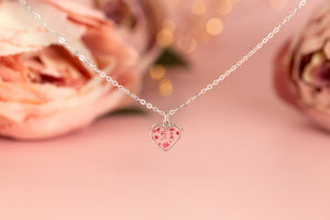Pink Queen Anne’s Lace Tiny Heart Necklace Silver Plated