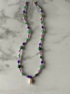 Lilac jade and green agate gemstone necklace