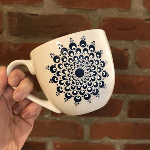 Hand painted dot mandala large mug: Navy and white