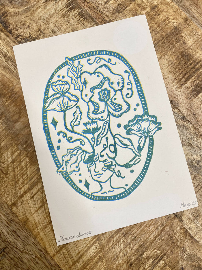Flower Dance Print - blue with yellow underlay - A5 (handprinted & signed)