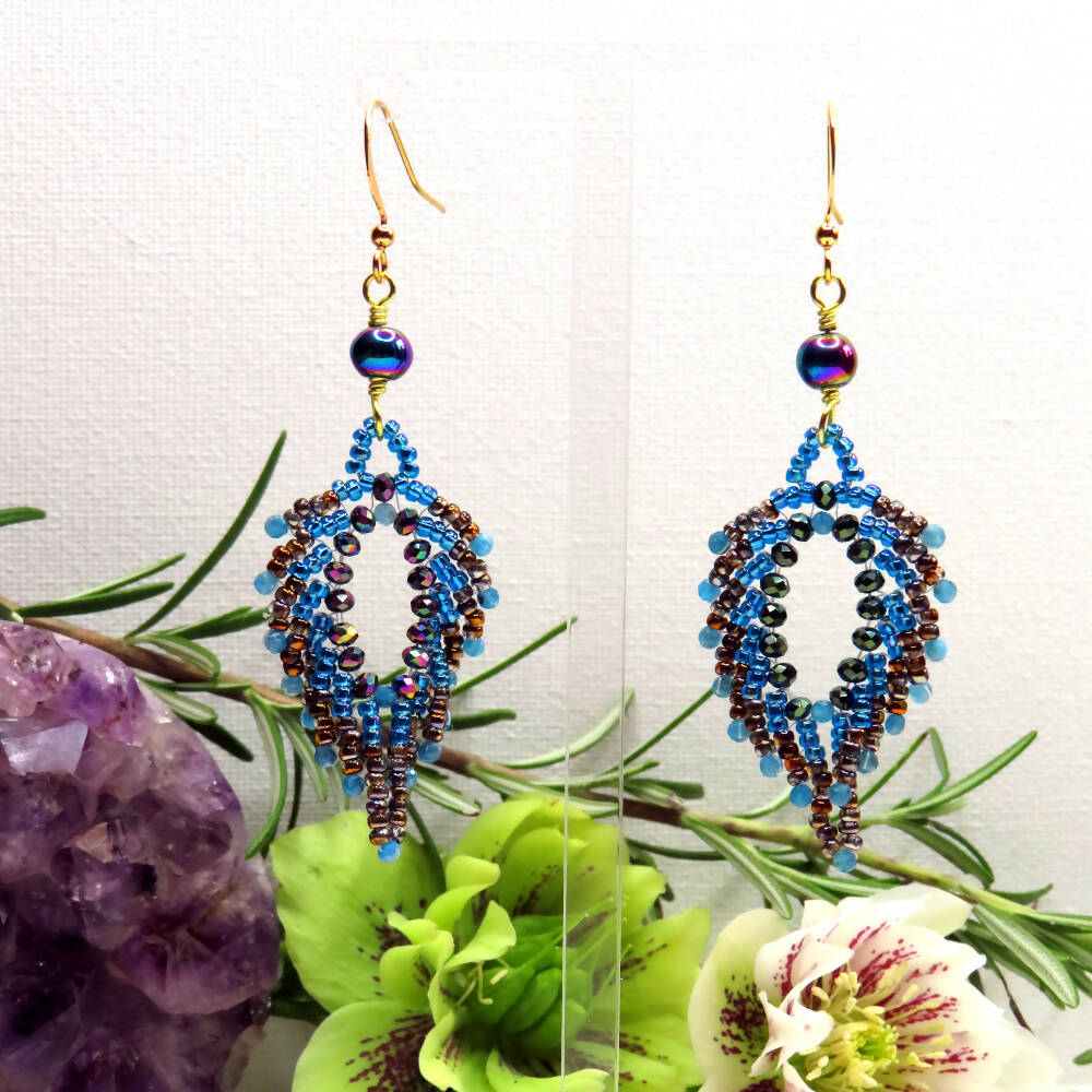 Peacock Feather Earrings - Neon Apatite, Green Iris Crystal, Teal Blue Fancy Lined & Crystal Magic Copper Miyuki. 6mm Rainbow Haematite, GP Ear Wires