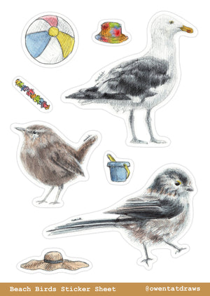 A6 Beach Birds with Hats Sticker Sheet | feat. Seagull, Wren, Long-tailed tit | Biro-pen & Watercolour Drawings