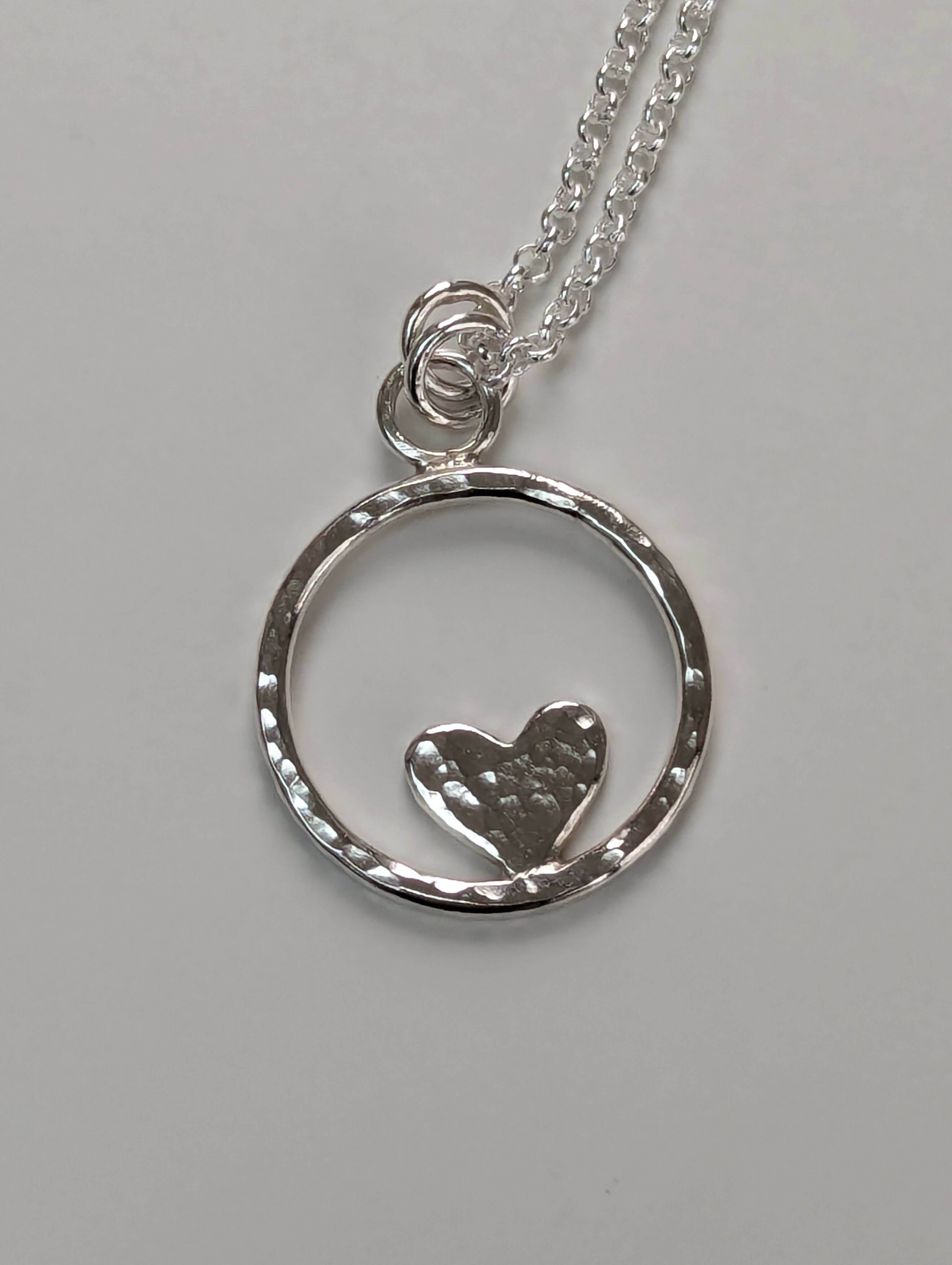 Open Circle Hammered Heart Sterling Silver Necklace - Handmade