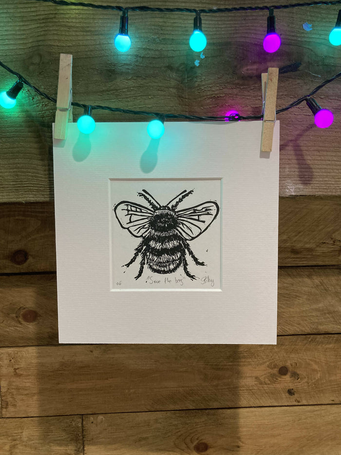 "Save the bees" original lino print
