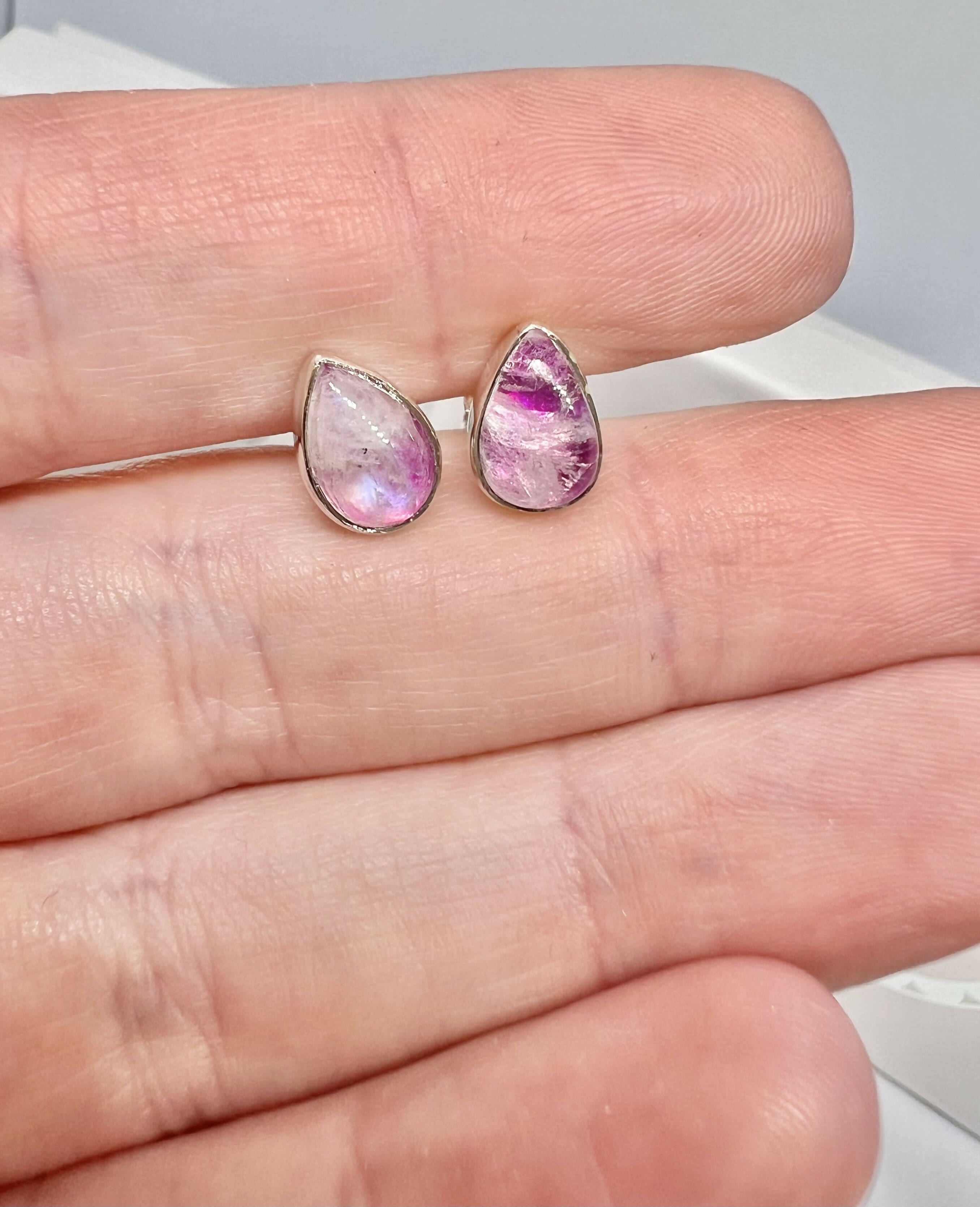 Pink moonstone teardrop stud