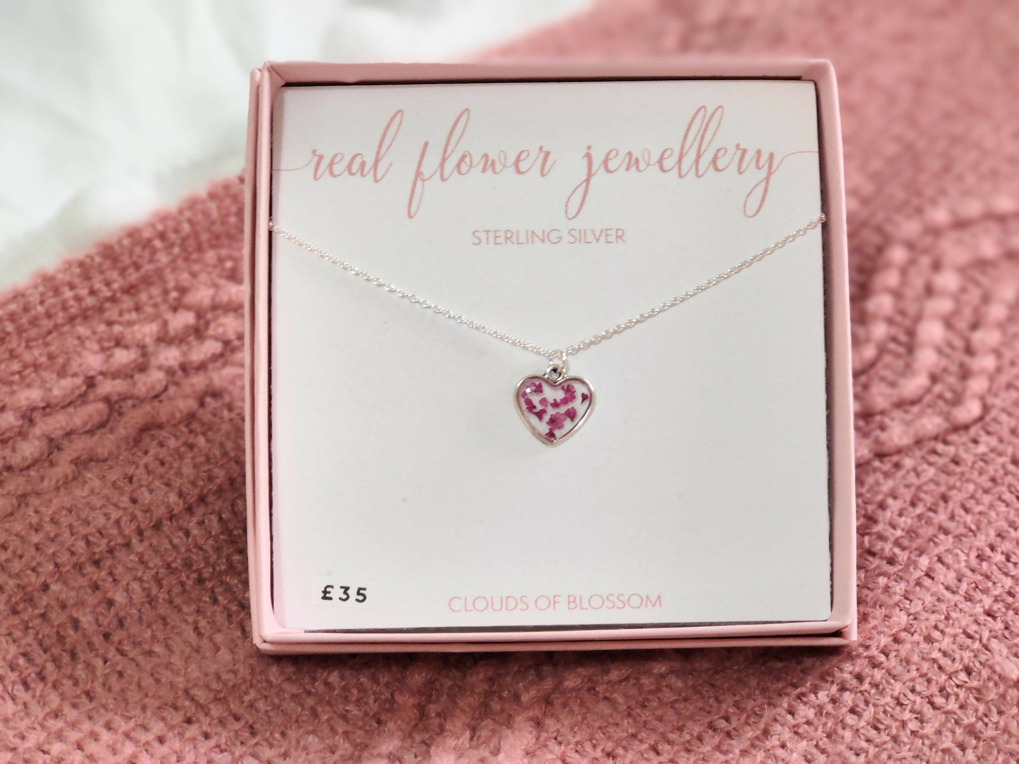 Pink Real Pressed Flower Tiny Heart Necklace Sterling Silver