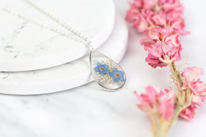Forget Me Not Teardrop Necklace Silver Plated
