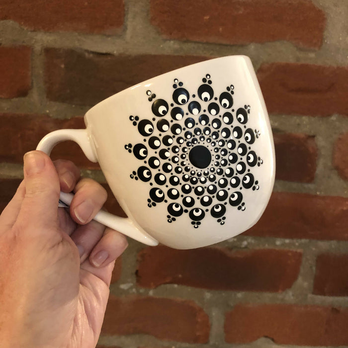 Hand painted dot mandala large mug: Ebony black and white