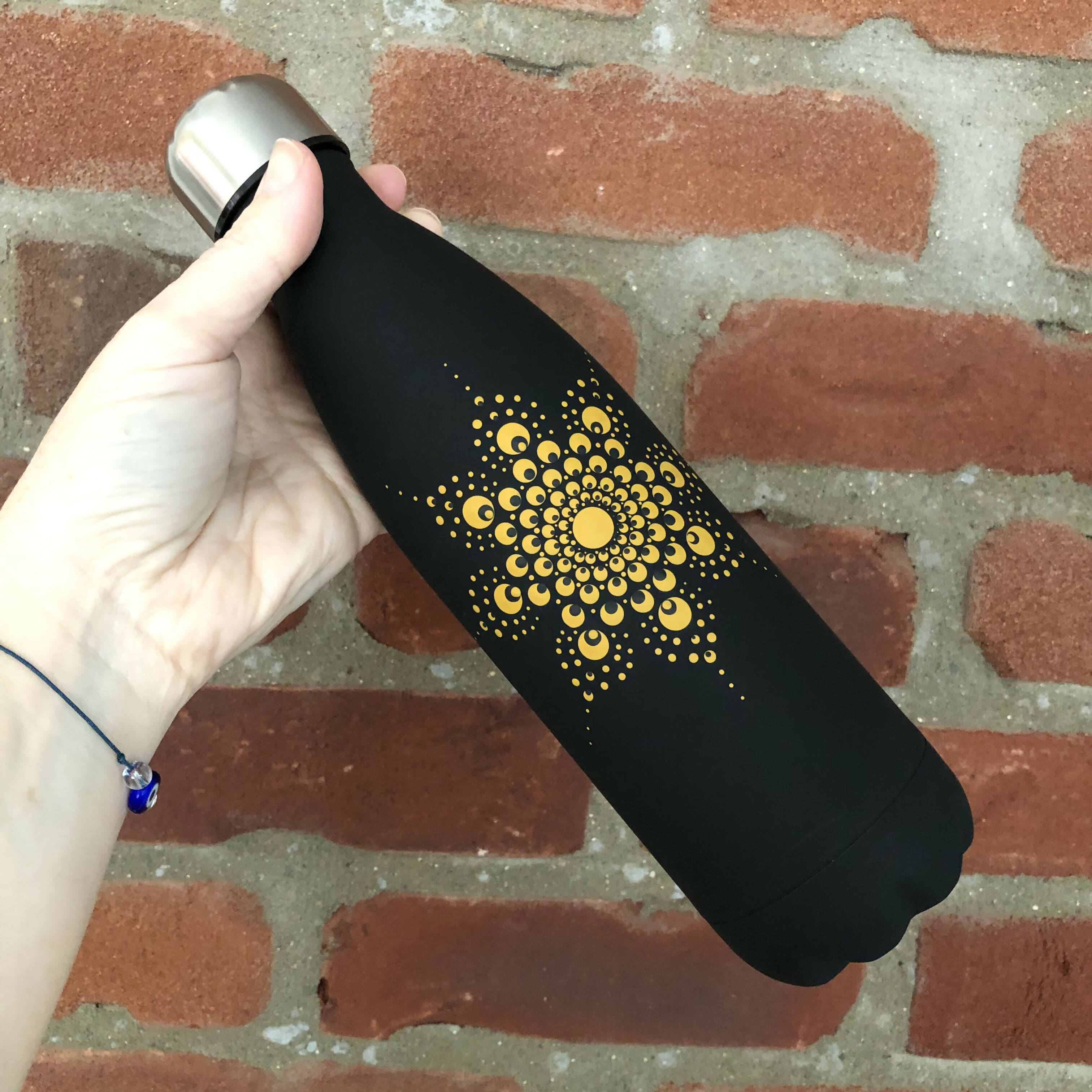 Hand Painted Dot Mandala Thermal Water Bottle: Double star True Ochre