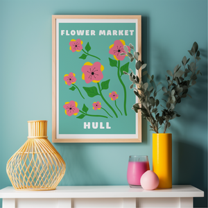 A4 Teal Flower Market Hull Print