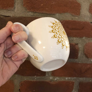 Hand painted dot mandala large mug: True Ochre and white