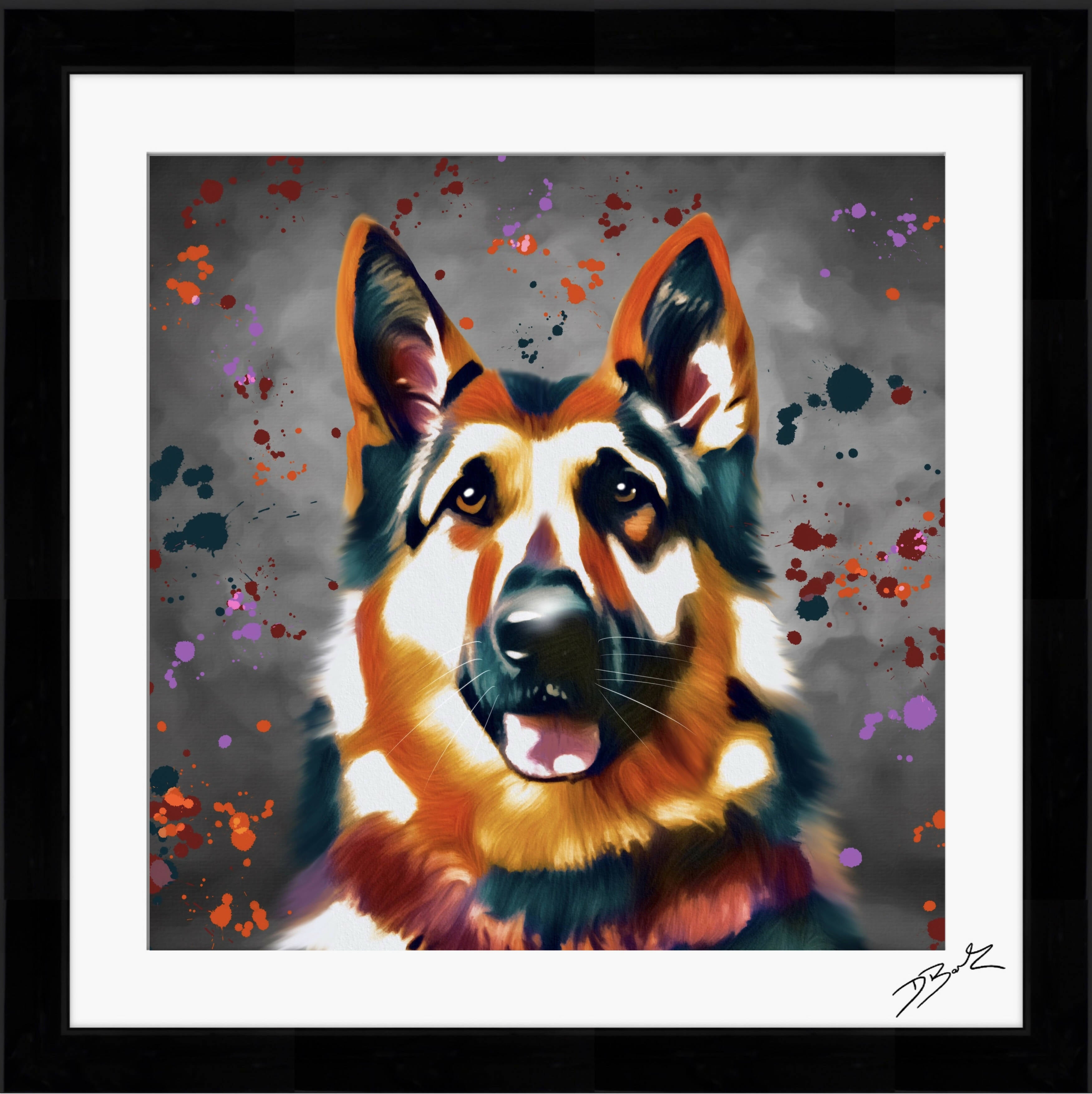 GERMAN SHEPHERD DOG COLOUR SPLASH FRAMED ARTWORK.