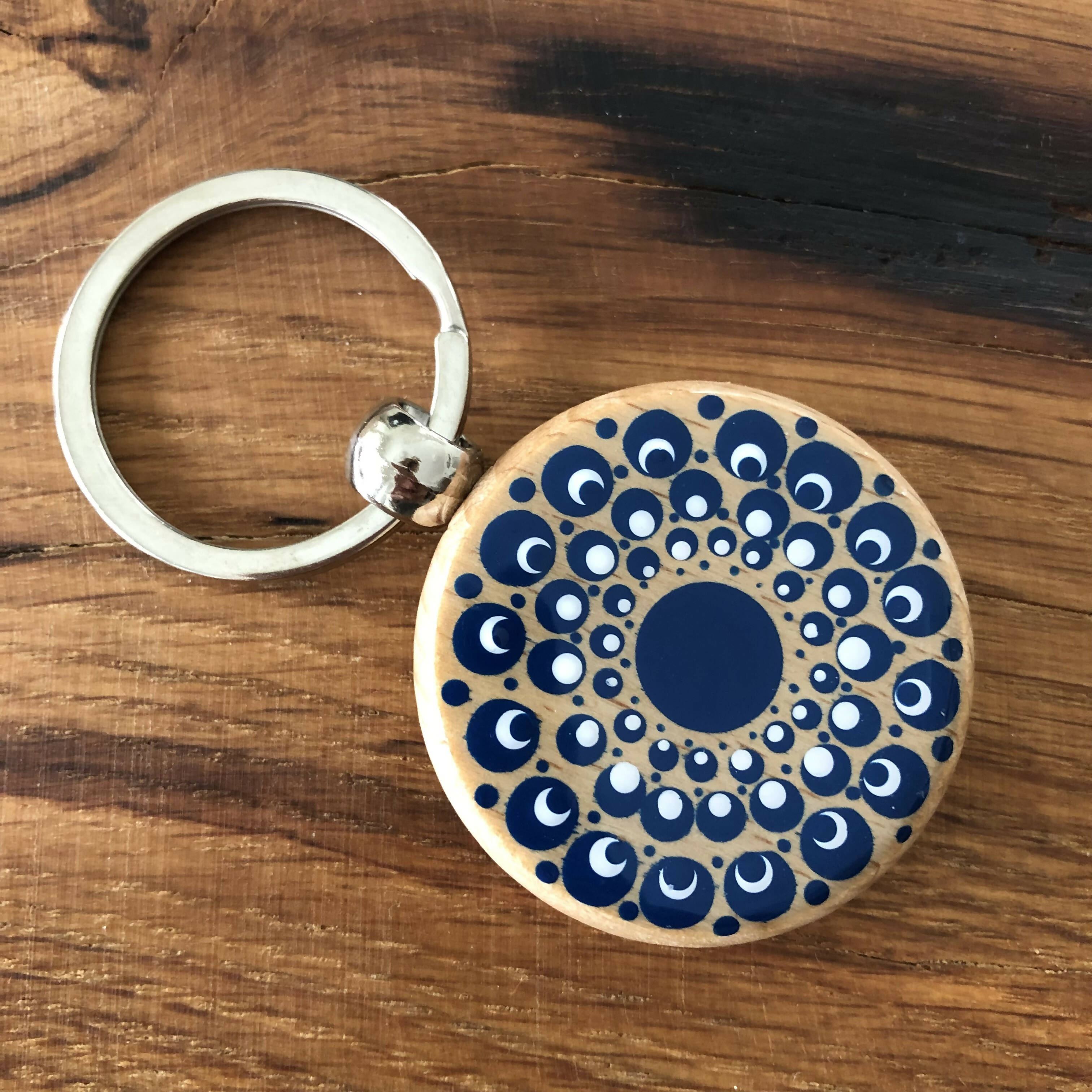 Hand Painted Dot Mandala Wooden Key Ring: Navy and Titanium White