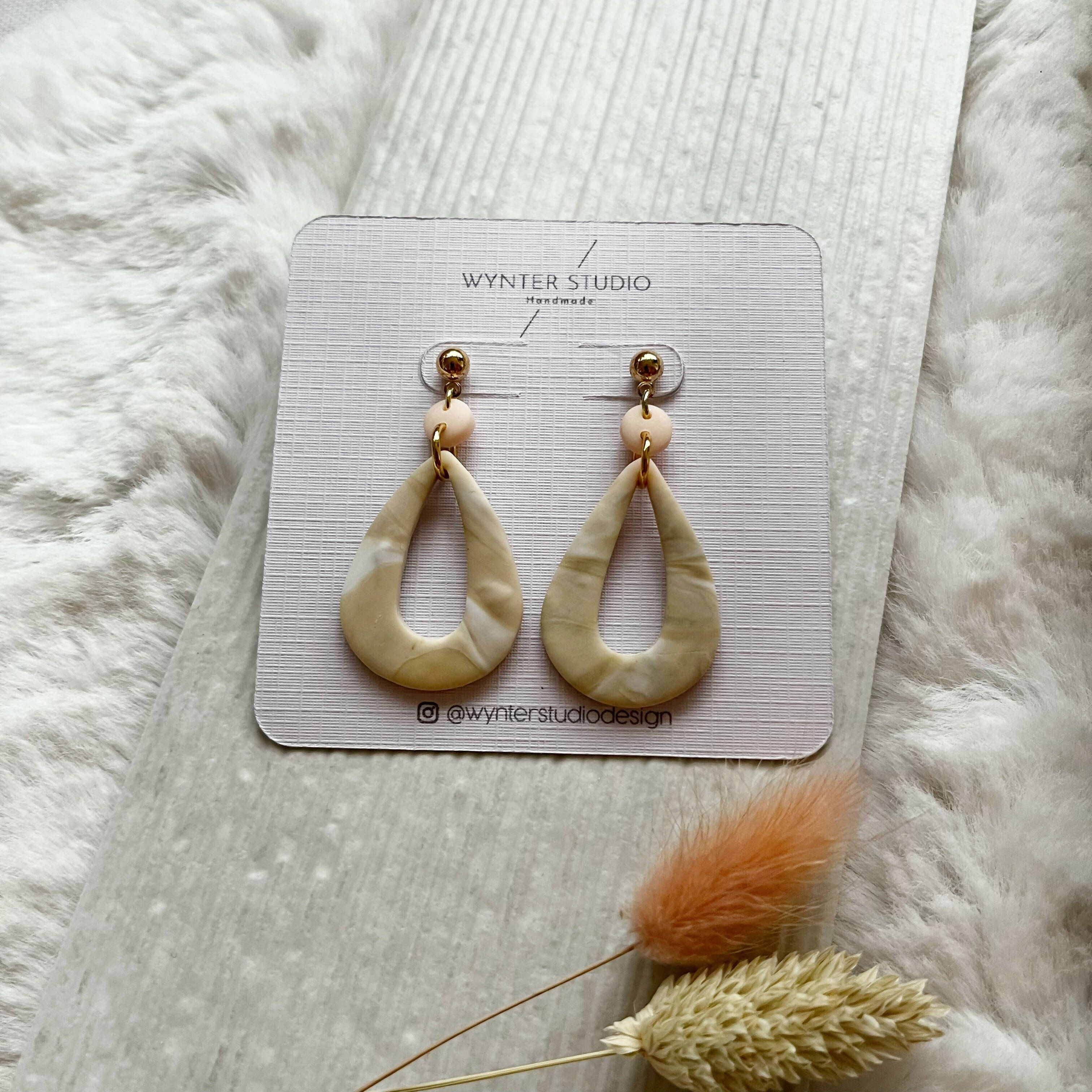 Beige Marble Teardrop Clay Earring