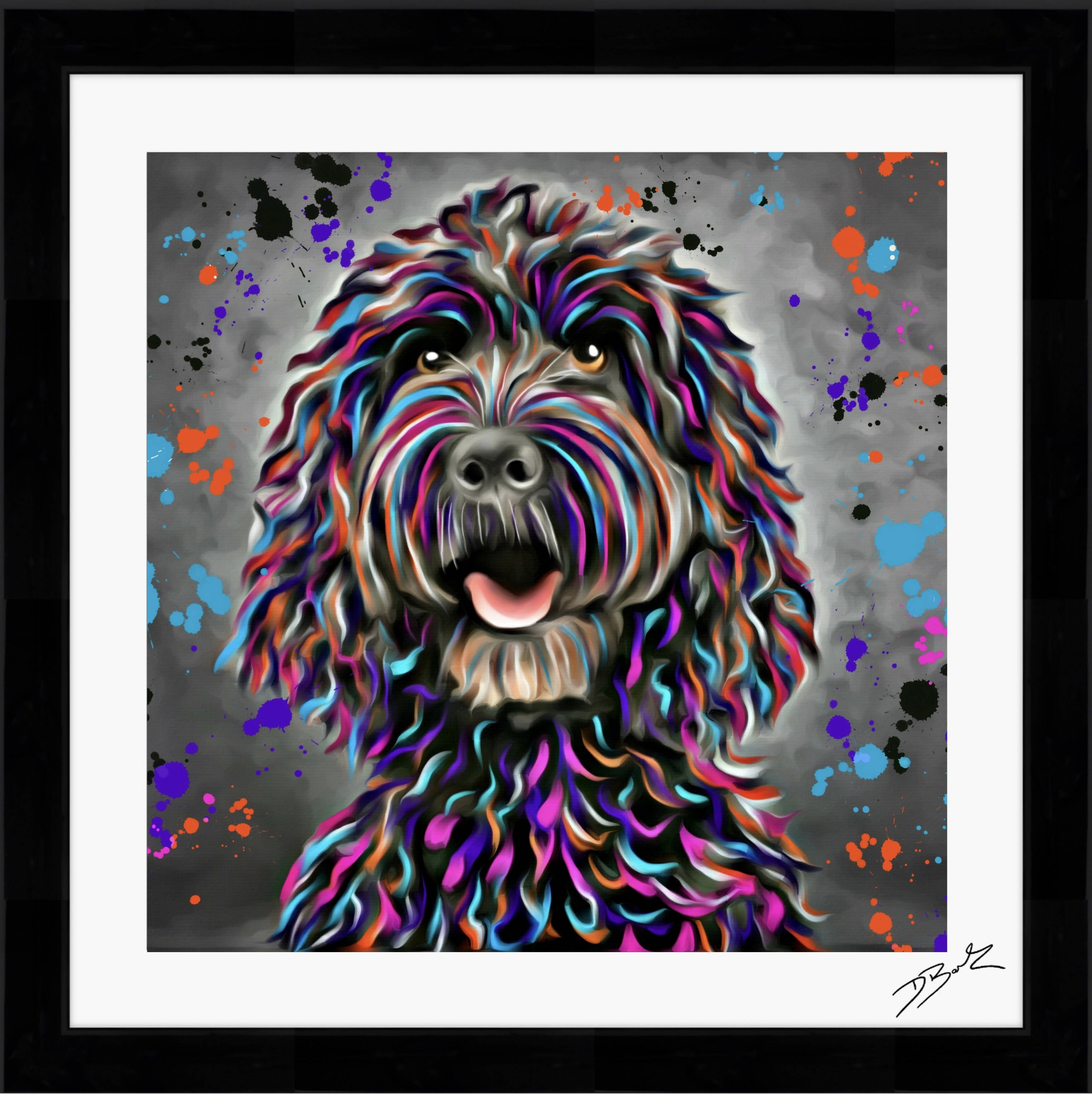 COCKAPOO DOG COLOUR SPLASH FRAMED ARTWORK.