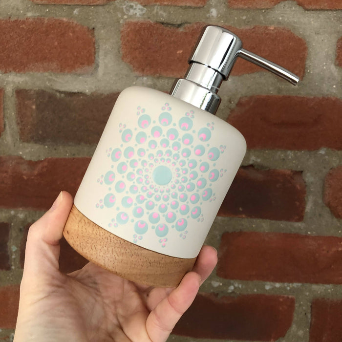 Hand Painted Dot Mandala Scandi Soap Dispenser: Slate Grey with Baby Pink