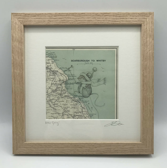 Keep Going! - Original Pen Drawing on Vintage Map ( ROBIN HOODS BAY) by Jenny Davies