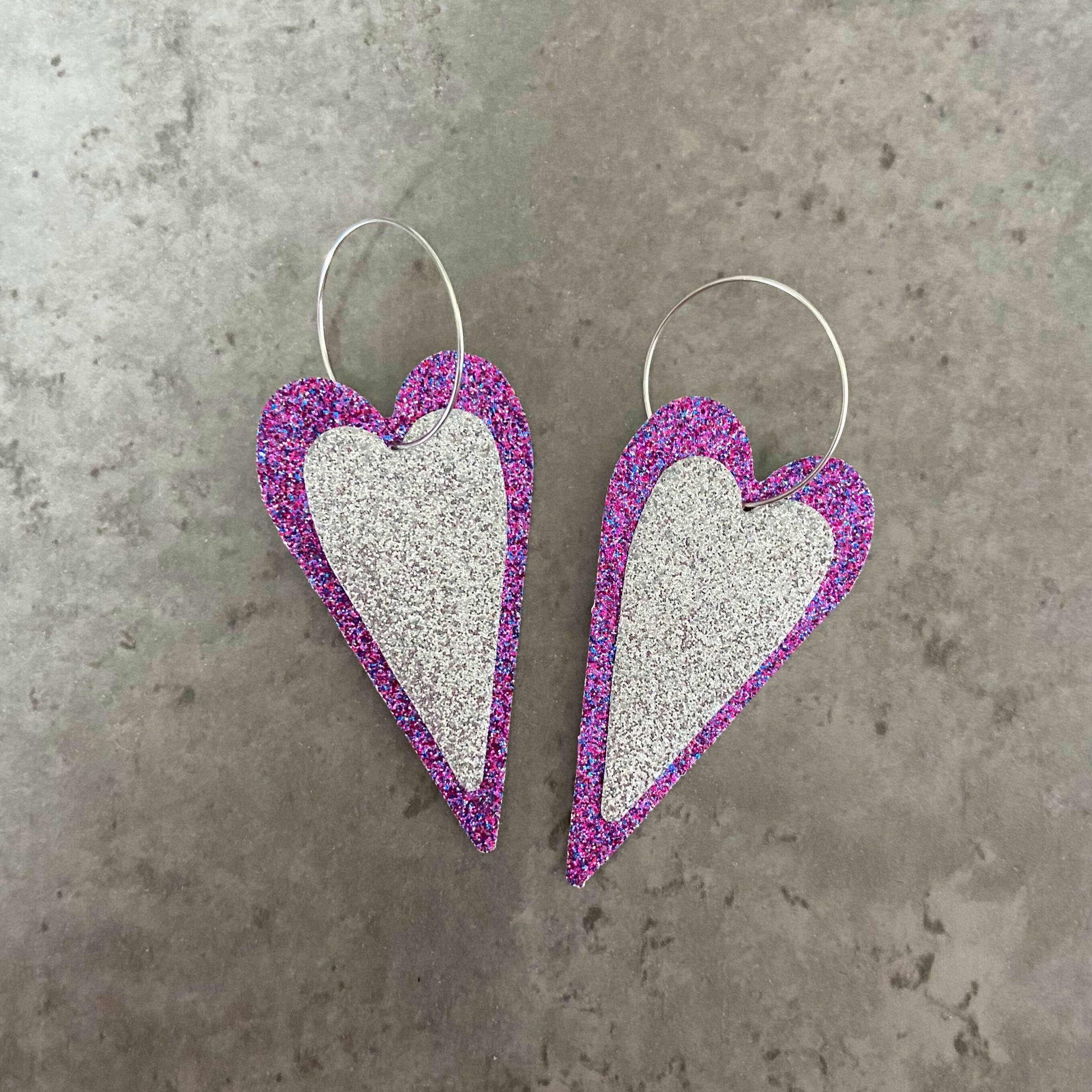 Statement Heart Earrings in Silver Glitter