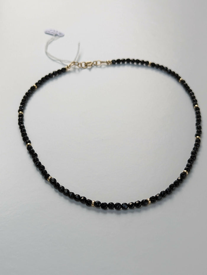 Faceted black onyx and gold filled beads necklace - 16 inches - Handmade