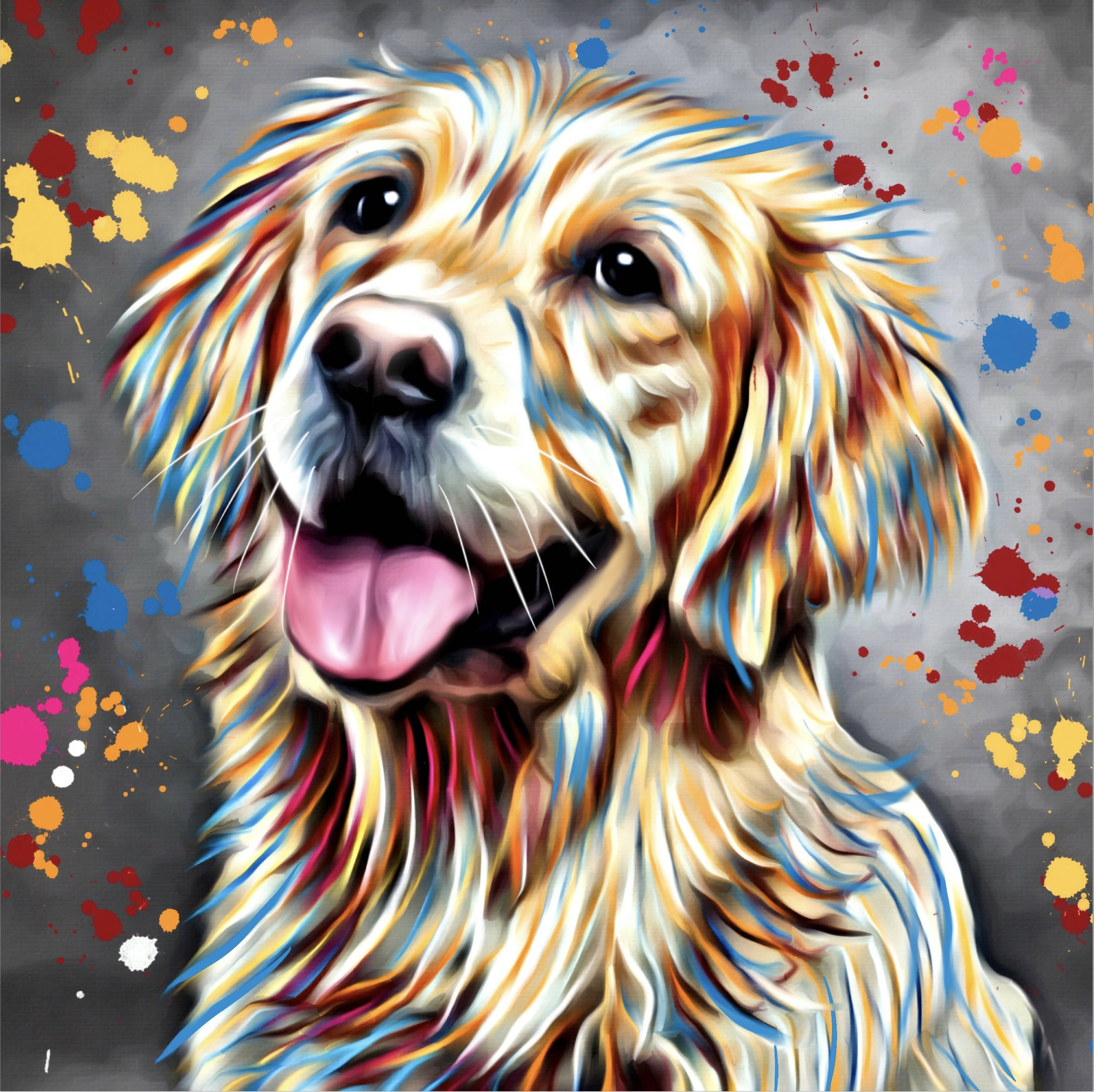 GOLDEN RETRIEVER DOG COLOUR SPLASH FRAMED ARTWORK.