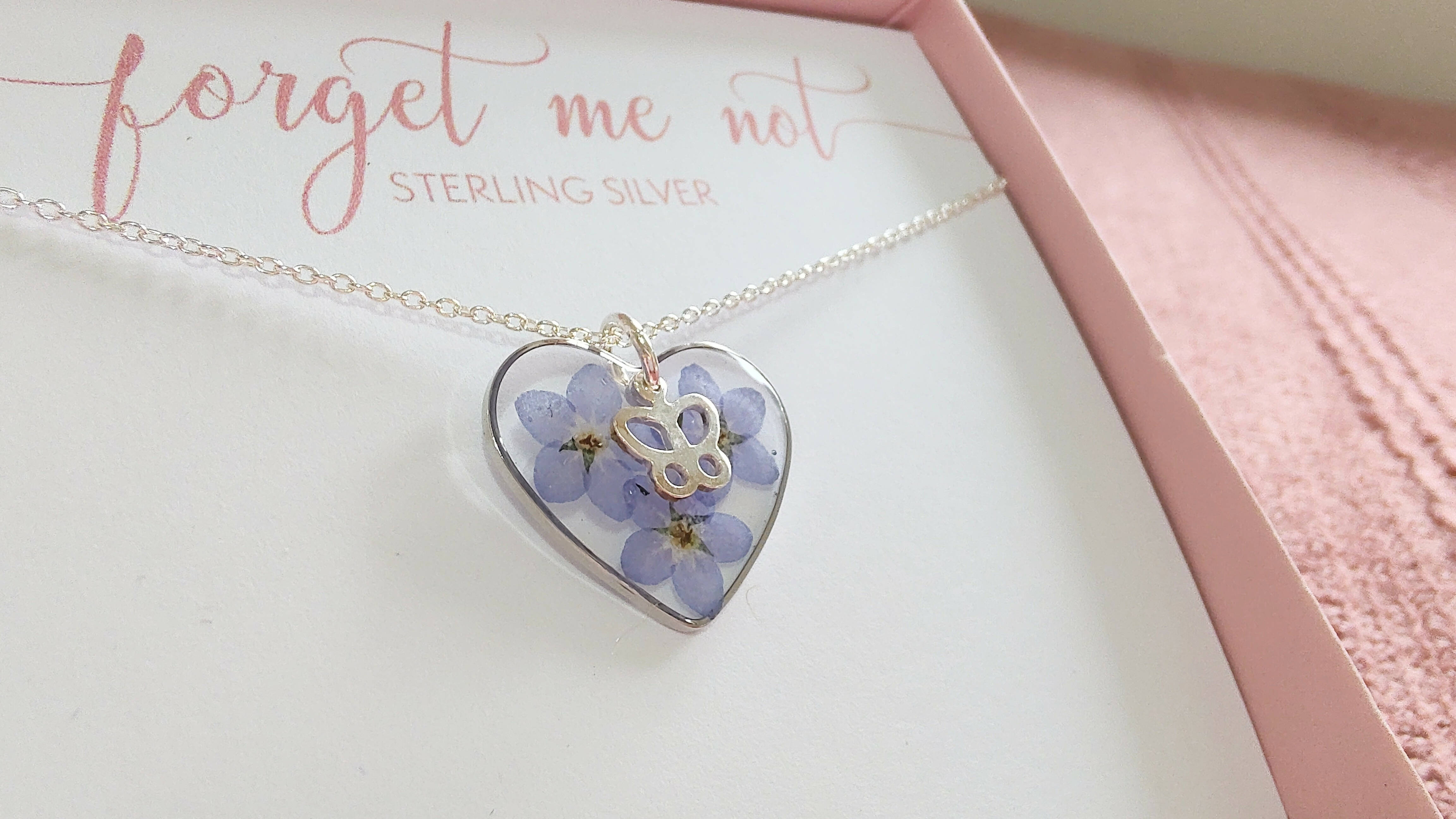 Forget Me Not Heart Necklace with Butterfly Symbol Sterling Silver