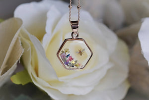 Rose Gold Hexagon Flower & Bee Necklace
