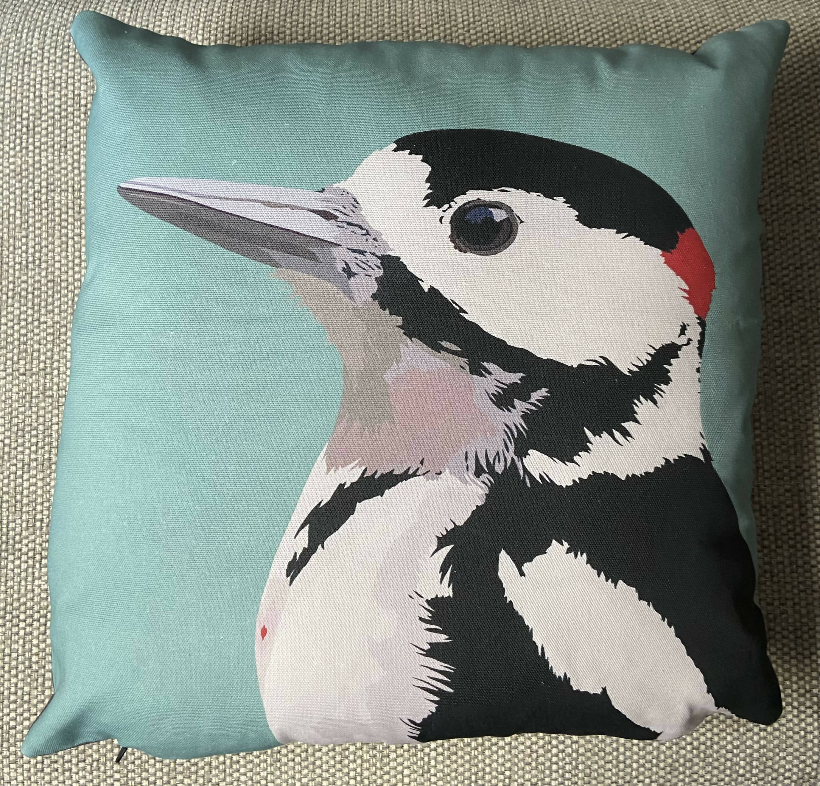 Great Spotted Woodpecker Cotton Blue Cushion