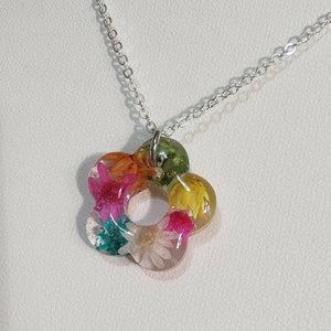 3D Flower Shaped Necklace with Multicolour Dried Flowers Silver Plated
