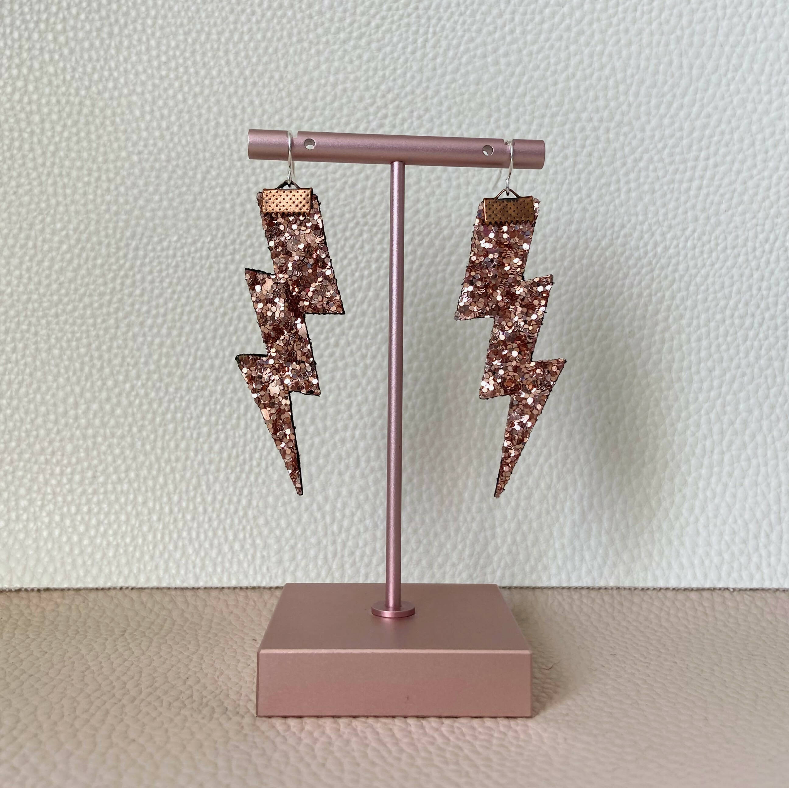 Flash Lightning Bolt Earrings in Rose Gold Glitter