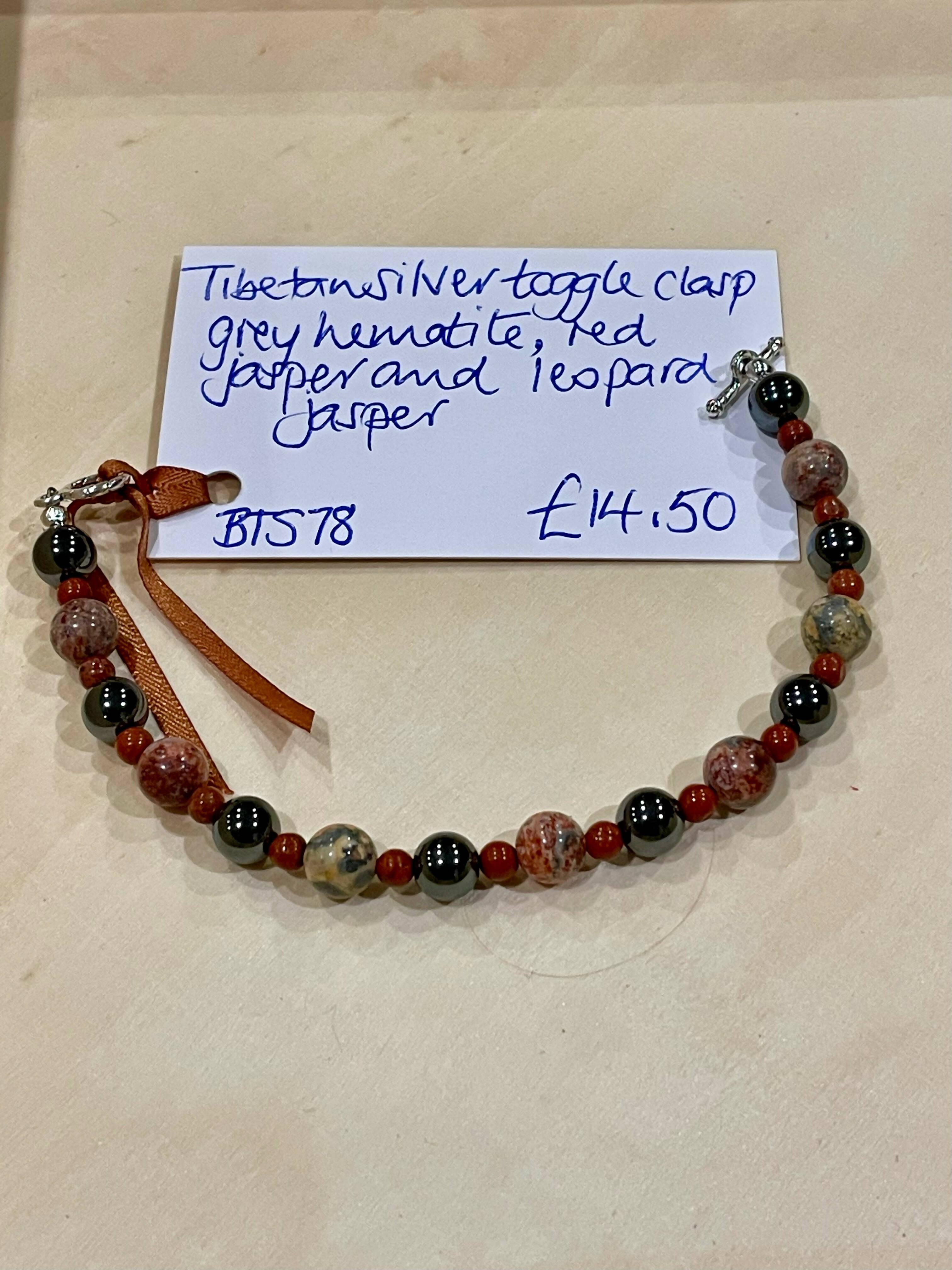 Tibetan Silver Toggle Clasp Bracelet with Grey Hematite, Red Jasper, and Leopard Jasper