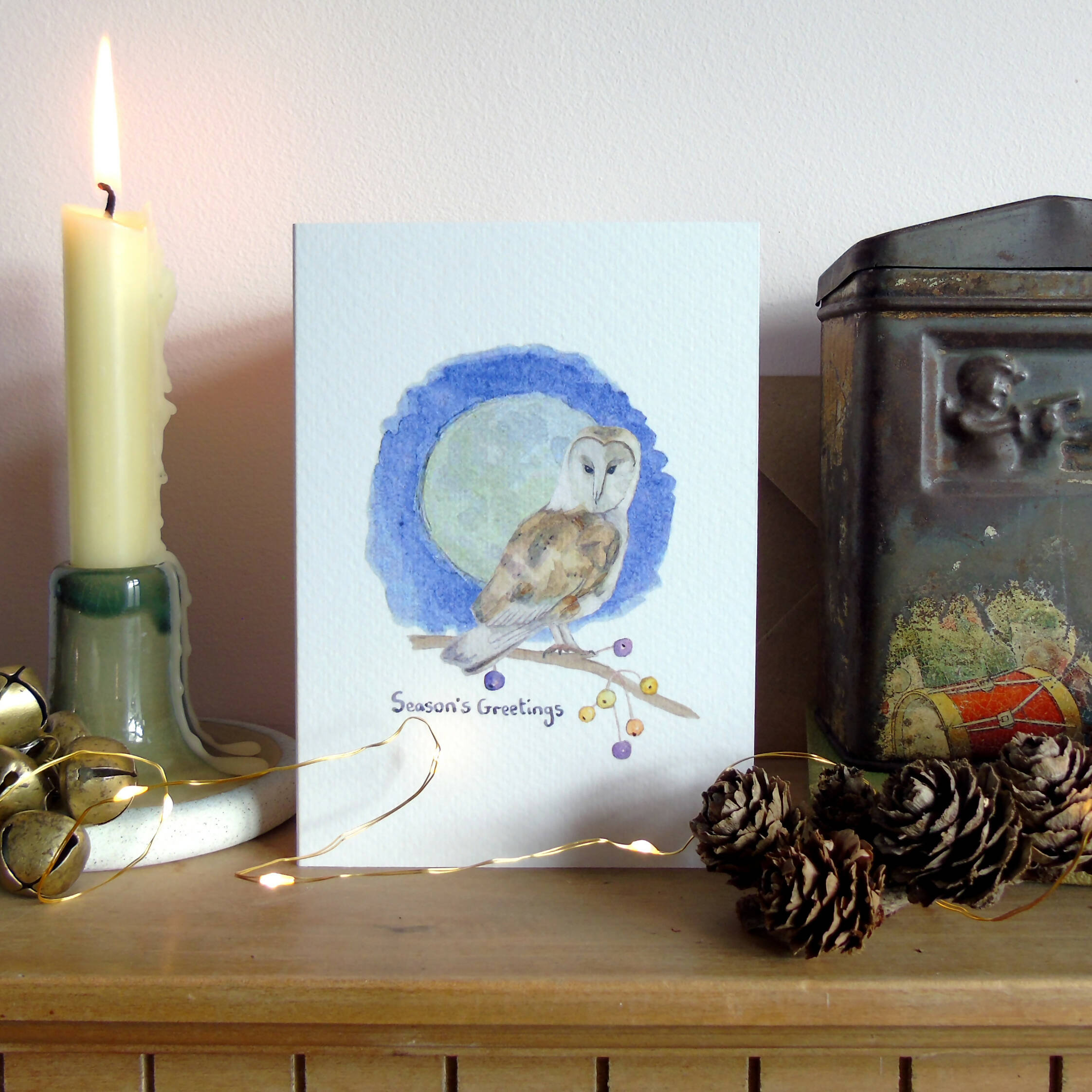 Barn Owl and Full Moon Christmas Card