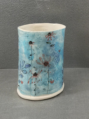 0186 Blue Textured Flowers Vase