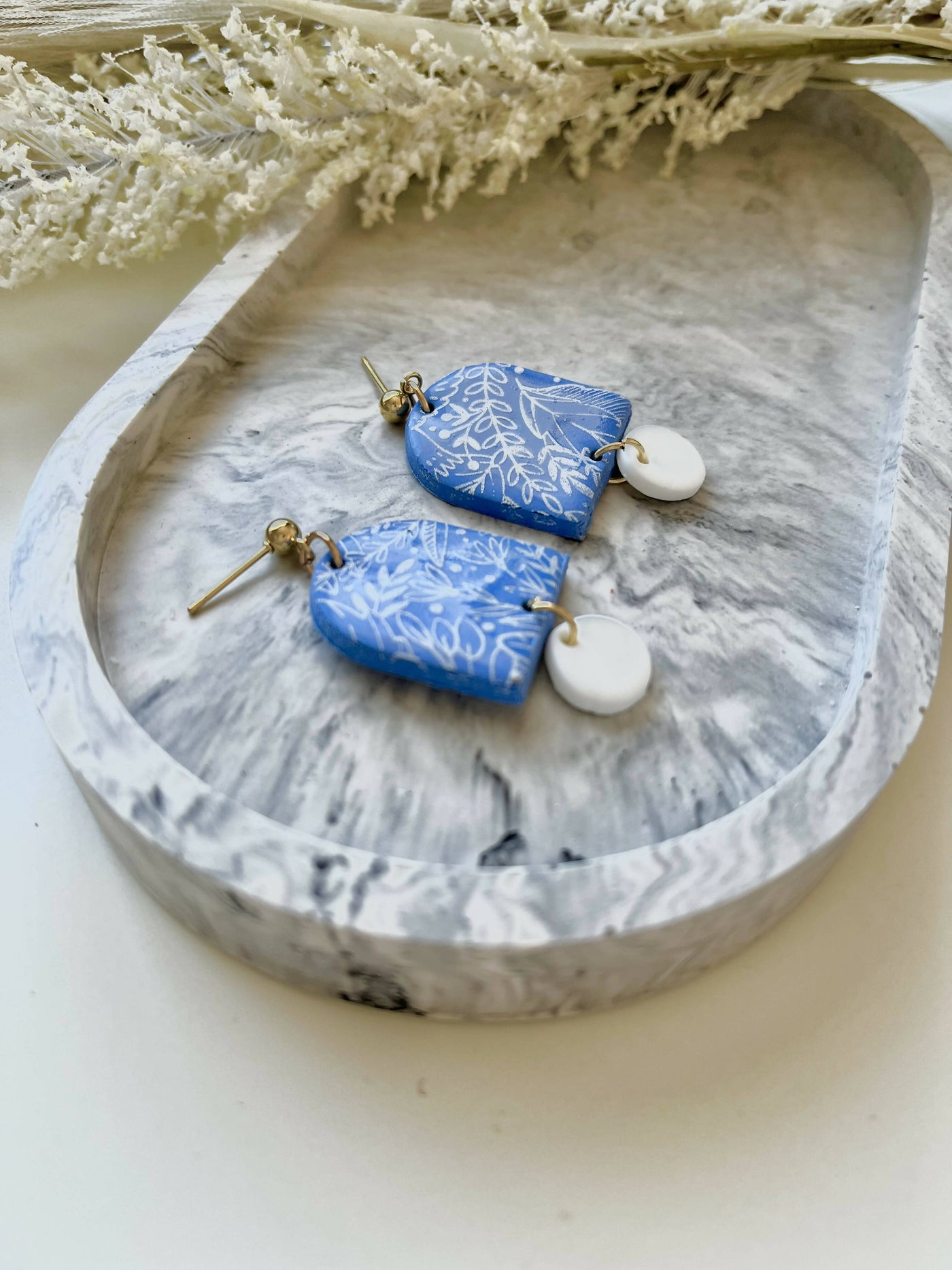 Blue & White Floral Pattern Polymer Clay Earrings