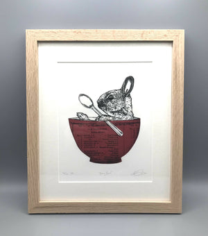Bunny Bowl ( 10/15) Limited edition dry point print with applied chine colle vintage music