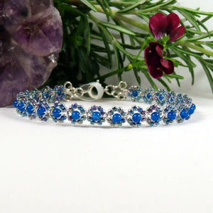 18cm Silver plated stacking bracelet with 3mm dyed Blue Jade with Blue Aqua Lined AB Miyuki