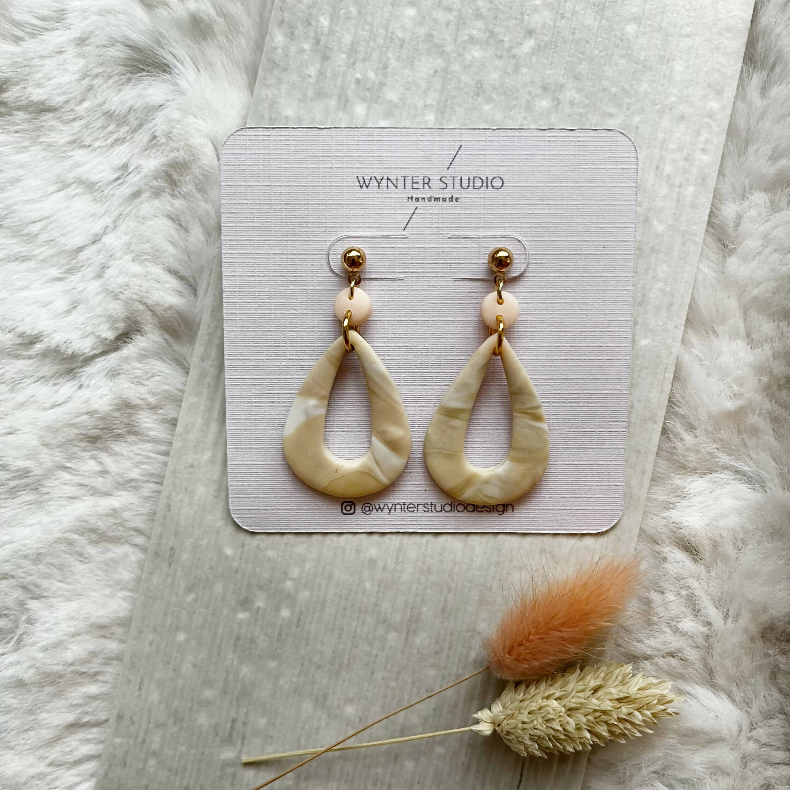 Beige Marble Teardrop Clay Earring