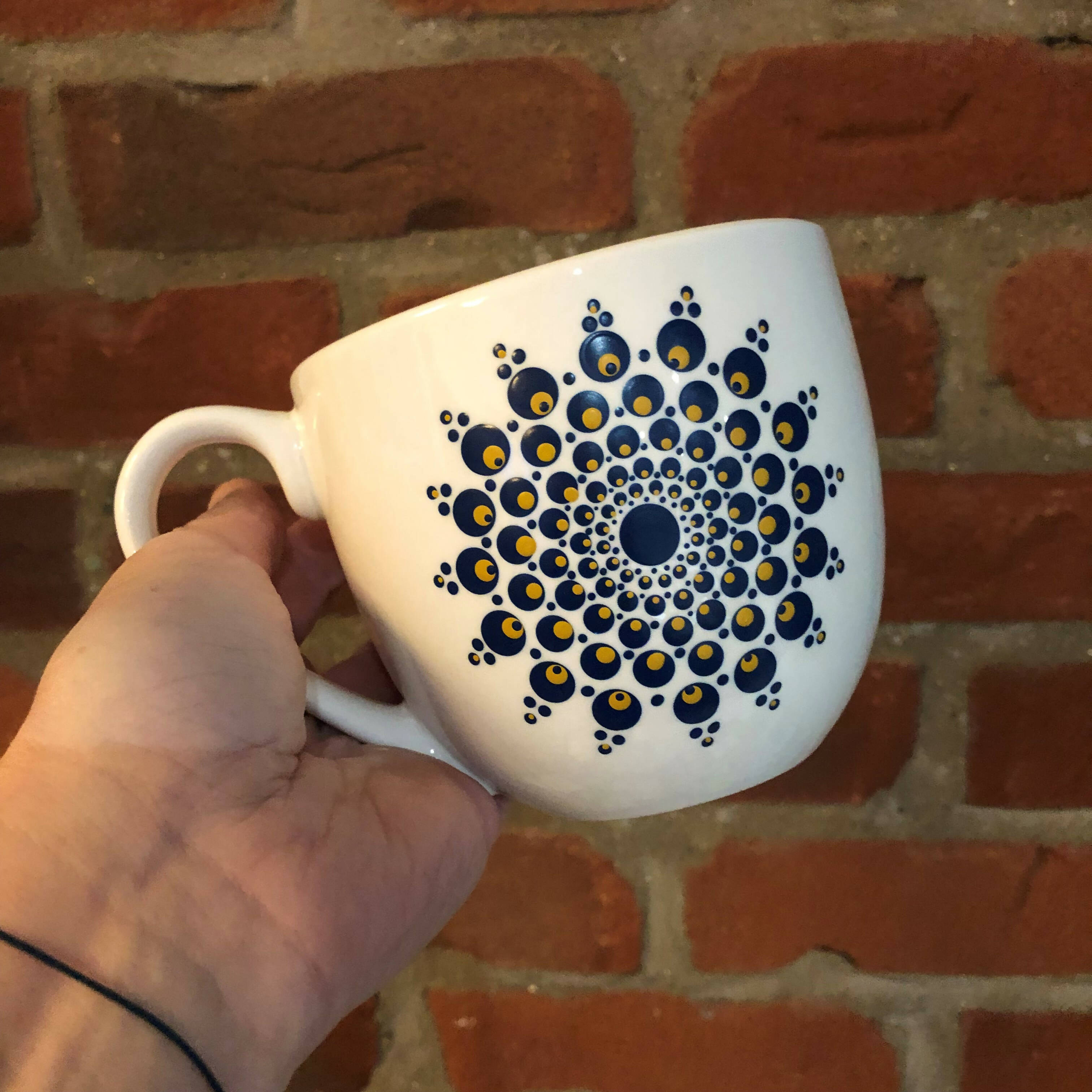 Hand Painted Dot Mandala Large Mug: Navy with True Ochre