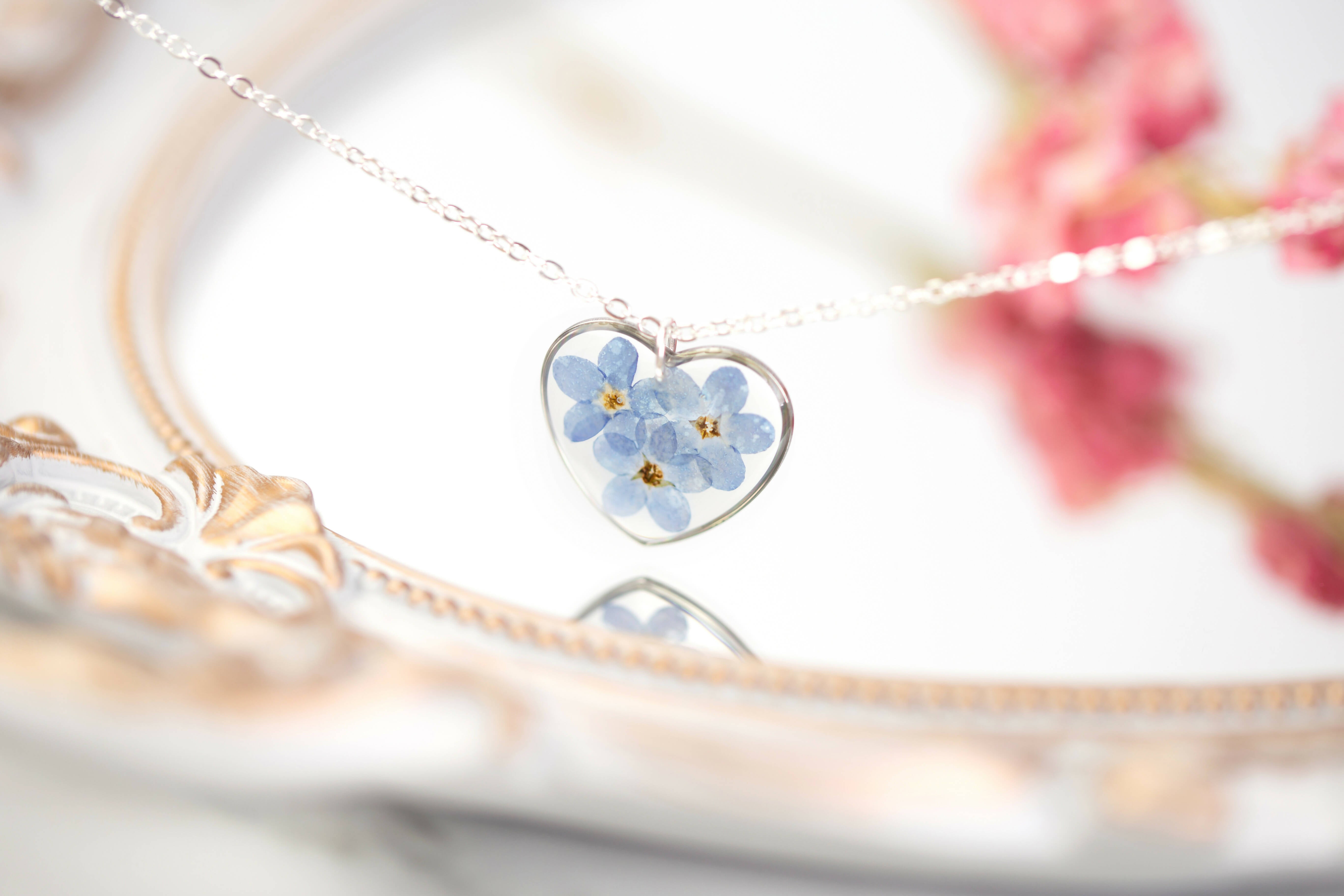 Forget Me Not Heart Necklace Silver Plated