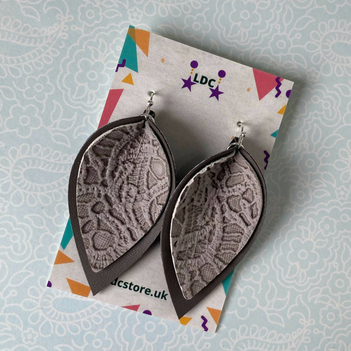 Grey Lace Print Pinched Leaf Shaped Earrings in Faux Leather