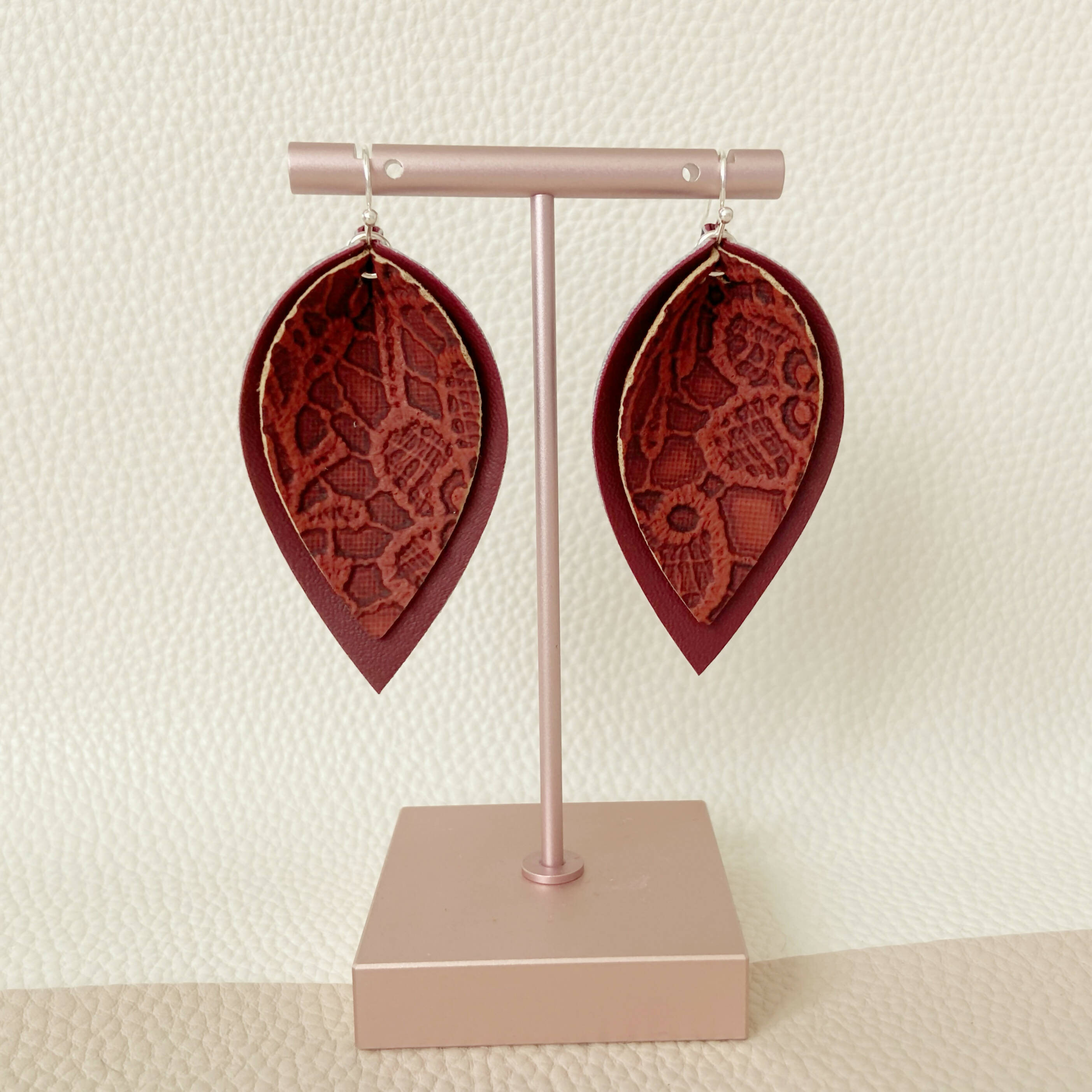 Maroon Lace Print Pinched Leaf Shaped Earrings in Faux Leather