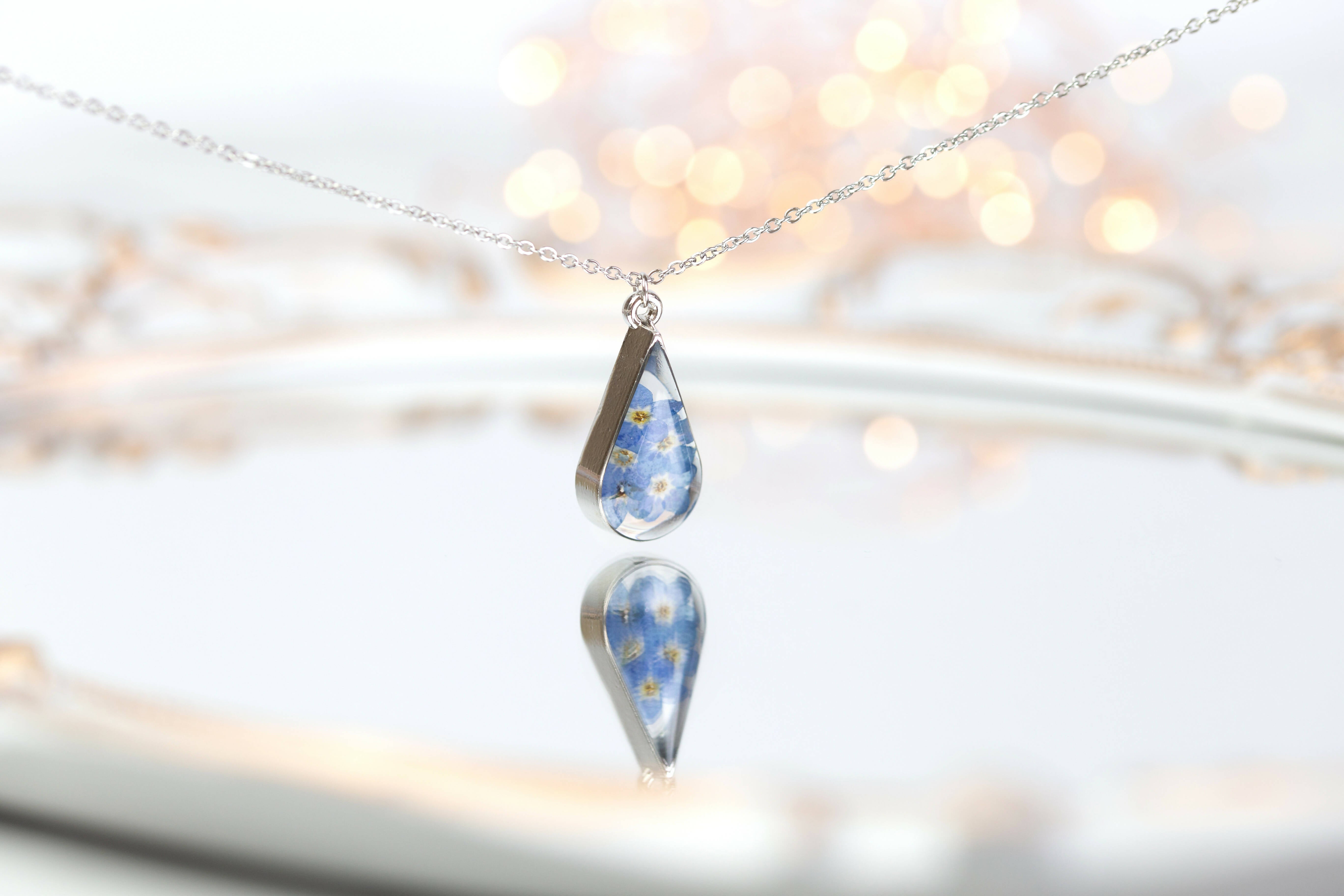 Forget Me Not Deep Teardrop Necklace Silver Plated