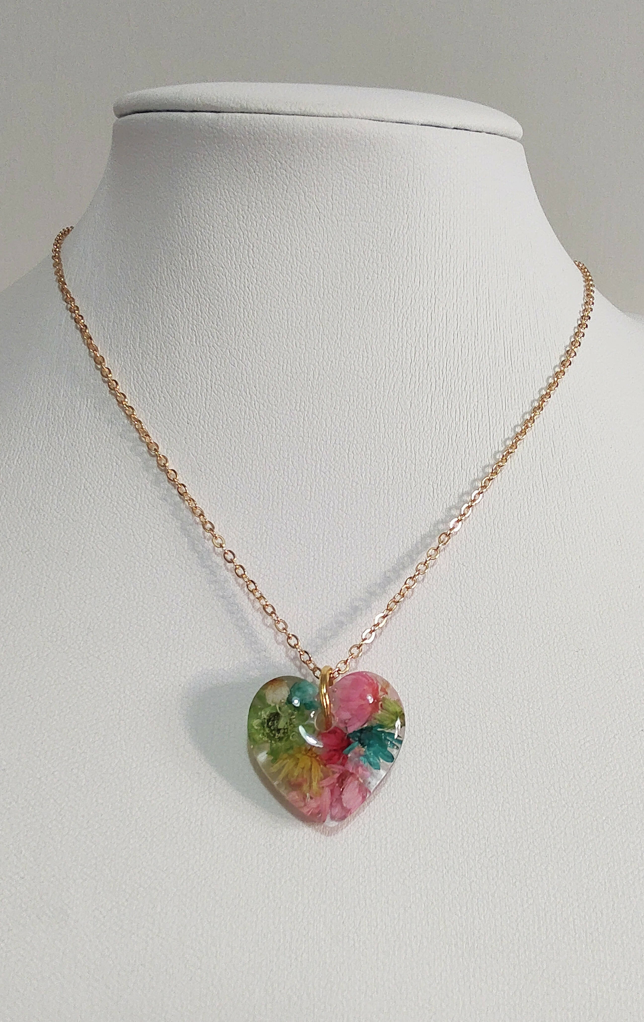 3D Heart Shaped Necklace with Multicolour Dried Flowers Gold Plated