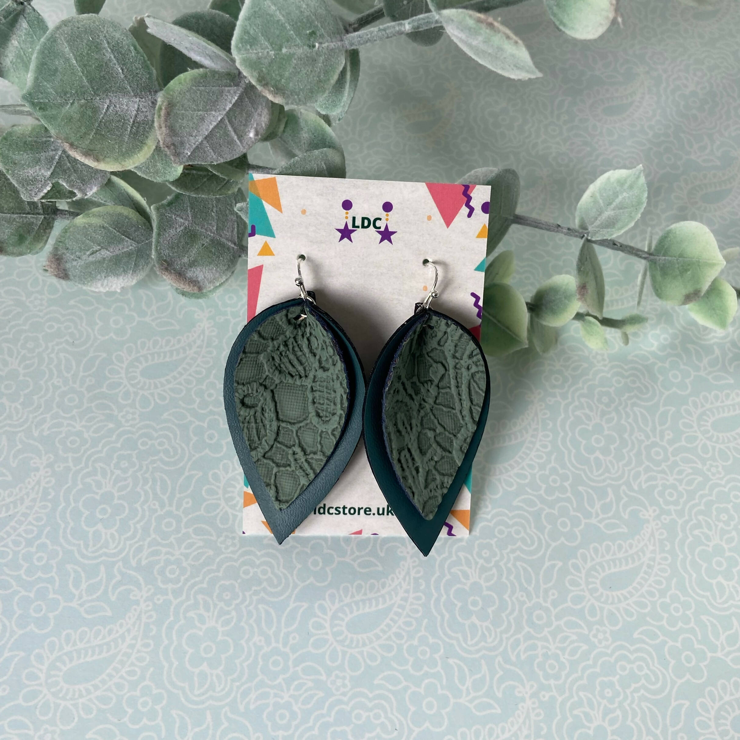 Green Lace Print Pinched Leaf Shaped Earrings in Faux Leather