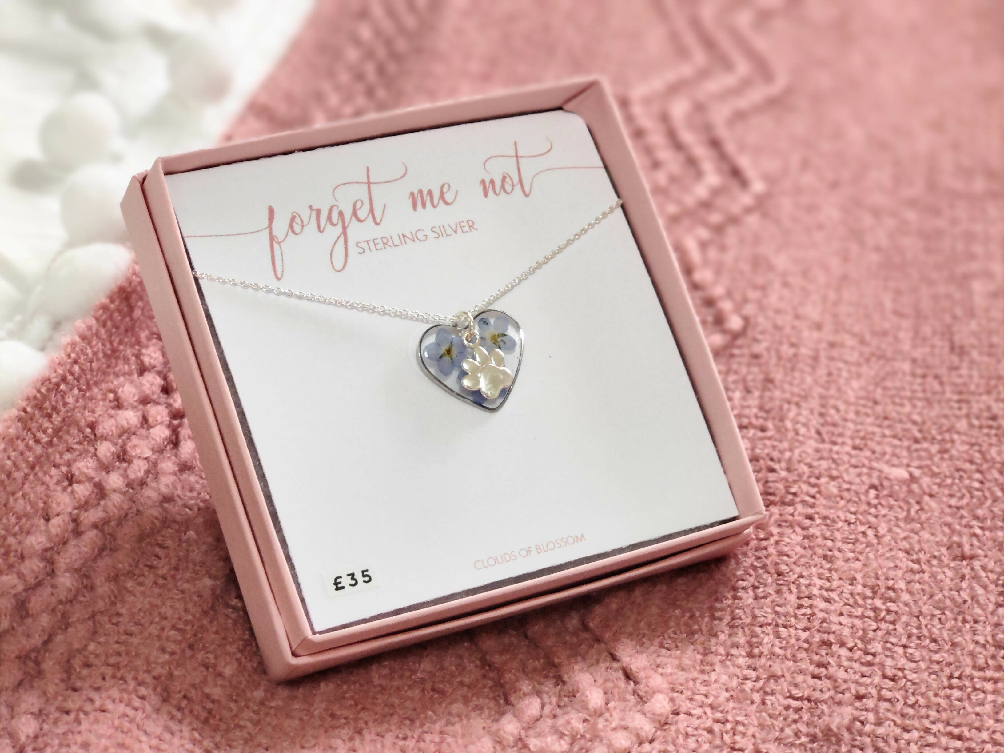 Forget Me Not Heart Necklace with Paw Sterling Silver