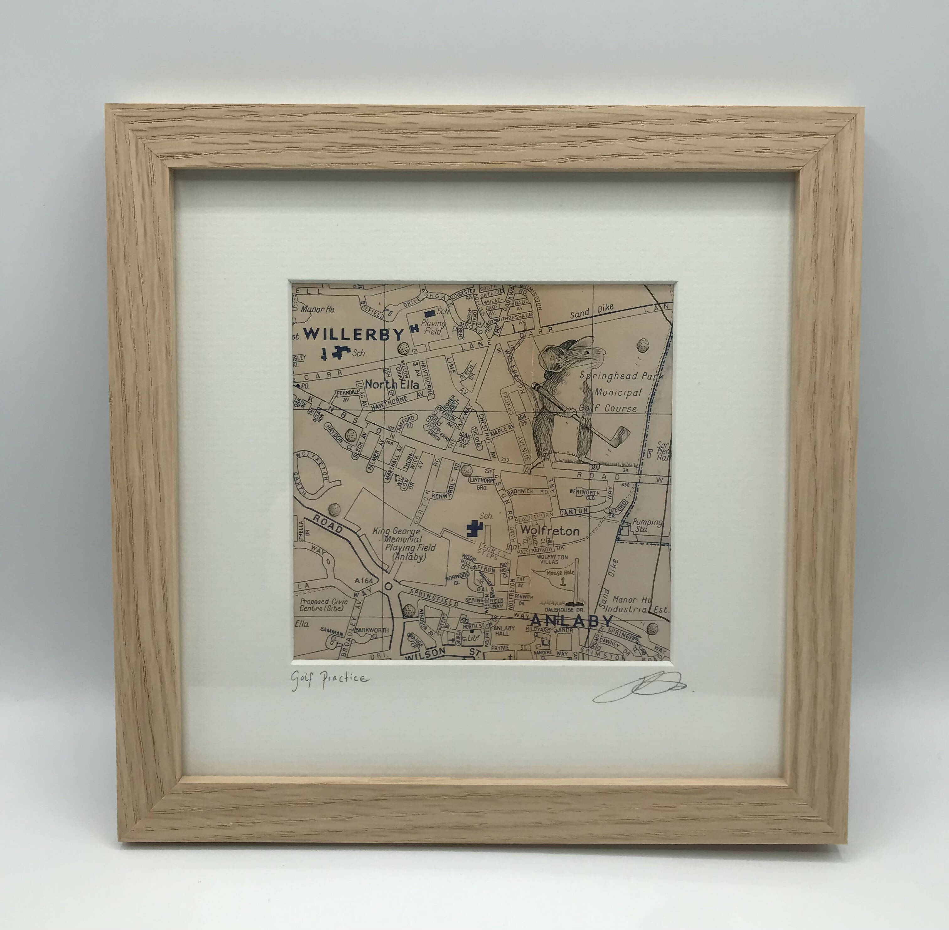 Golf Practice - Original Pen Drawing on Vintage Map by Jenny Davies