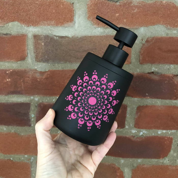 Hand Painted Dot Mandala Boho Soap Dispenser: Dragon Fruit with black