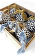 box of spotted baubles with velvet ribbon  hand painted