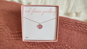 Pink Queen Anne’s Lace Tiny Heart Necklace Silver Plated