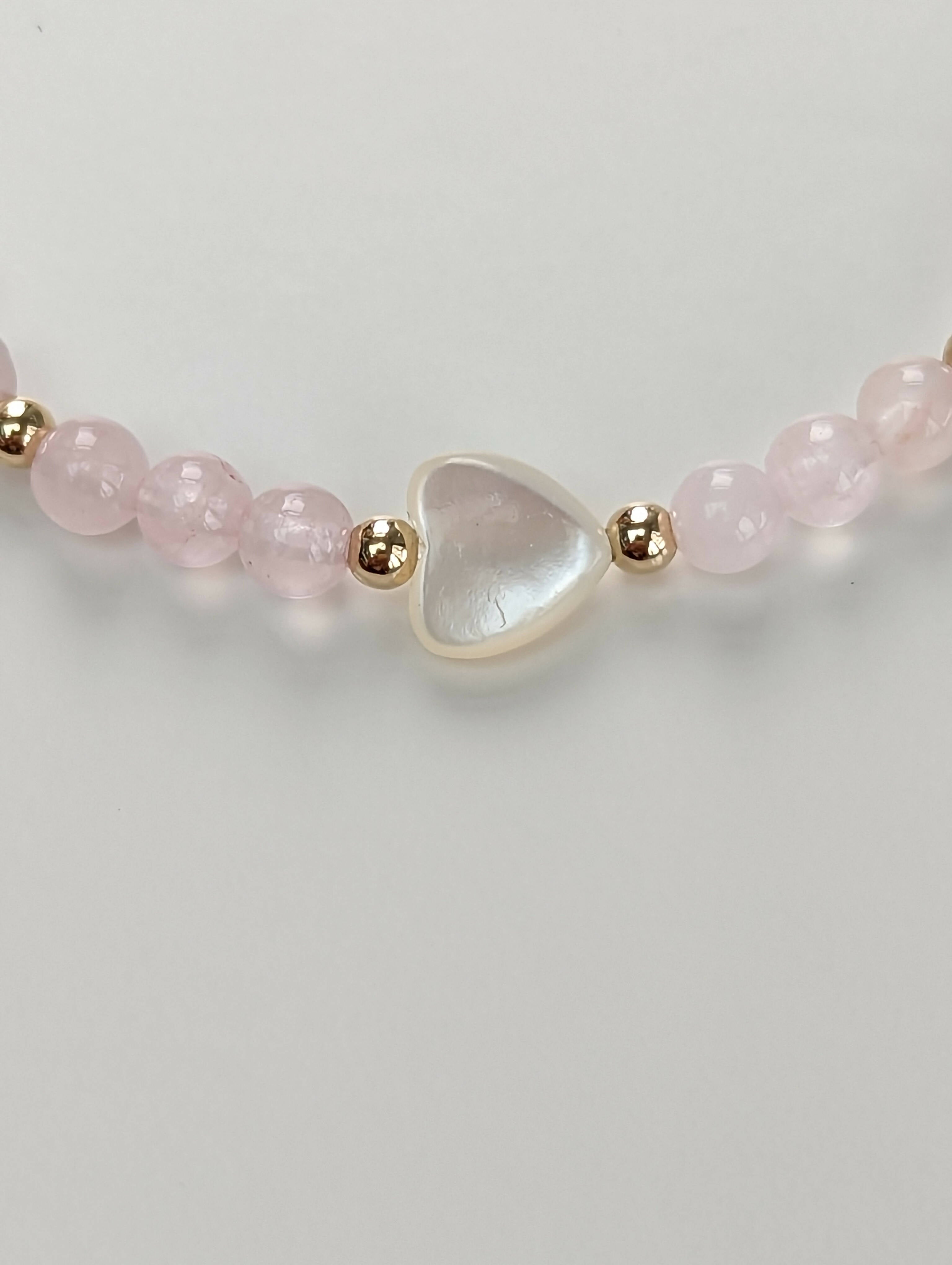 Mother of Pearl Heart and Rose Quartz Skinny Bracelet - Handmade