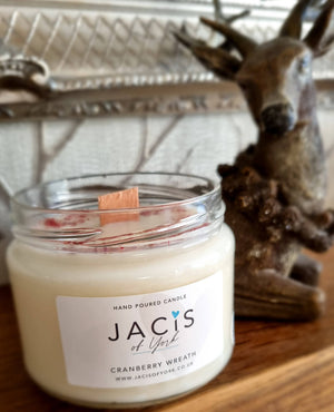 Luxury Eco Soy Cranberry Wreath 250ml Jar Candle Jacis of York. Hand poured and hand decorated
